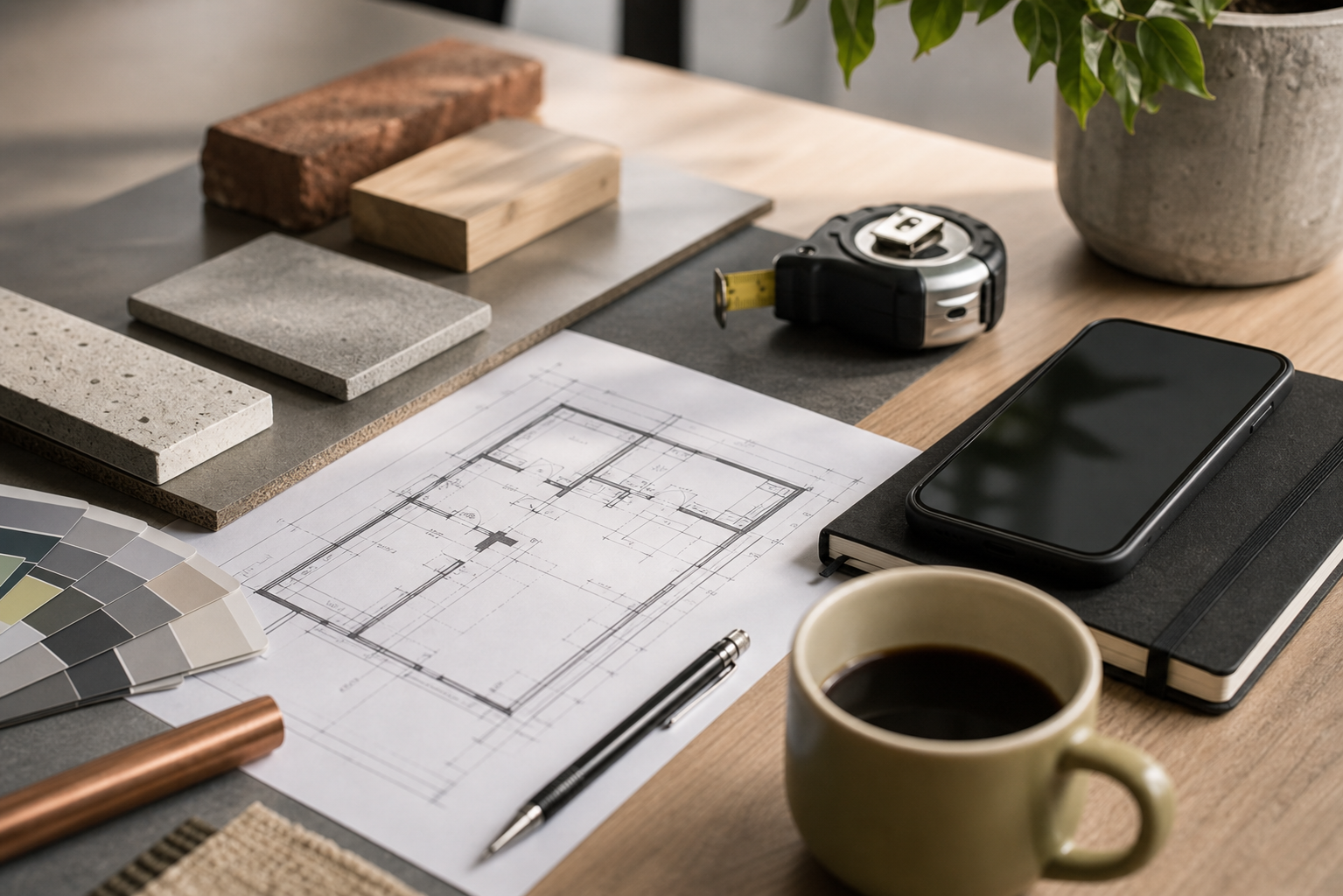 Construction enquiry desk with plans, phone and project notes