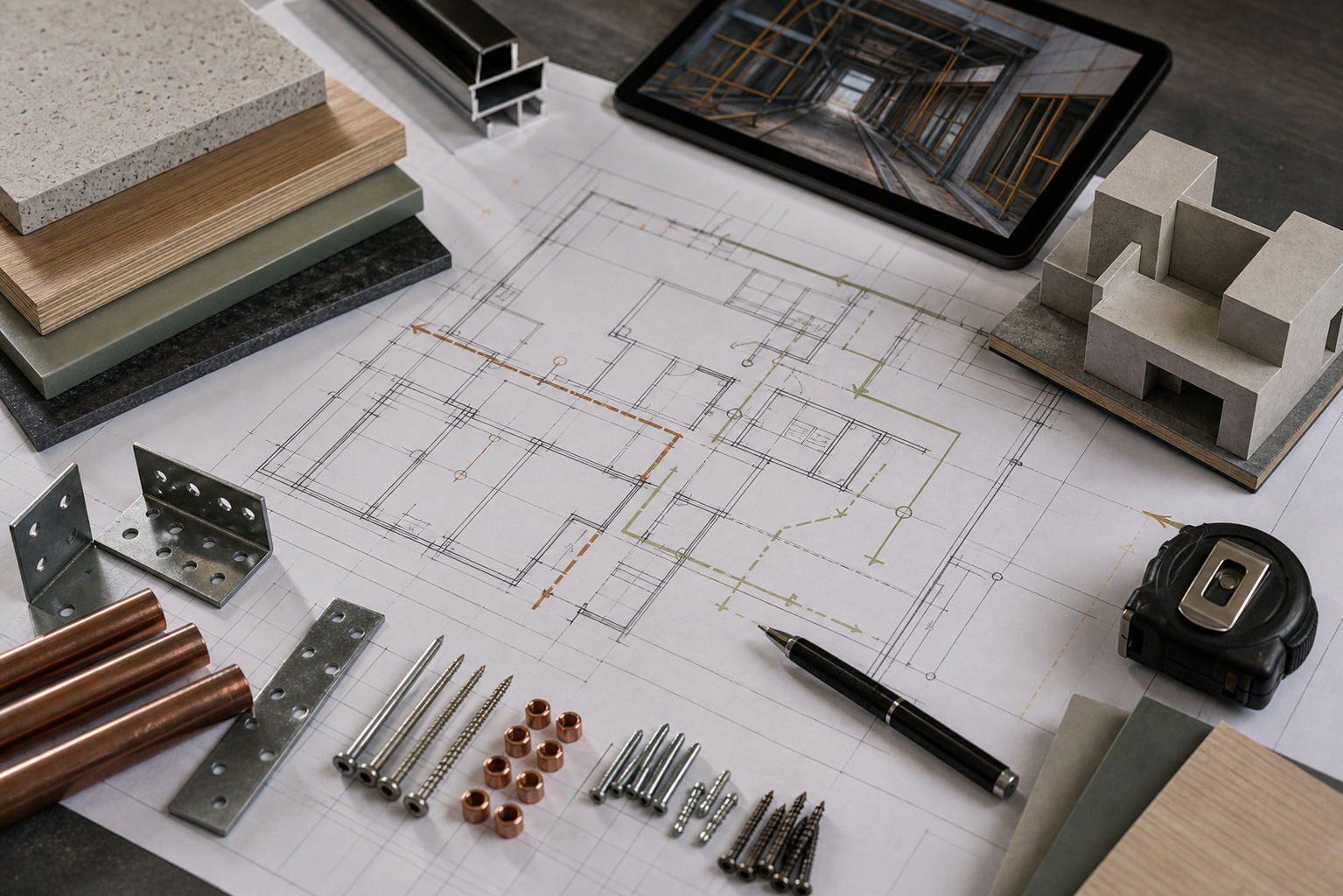 Construction coordination and sequencing materials arranged on a workbench