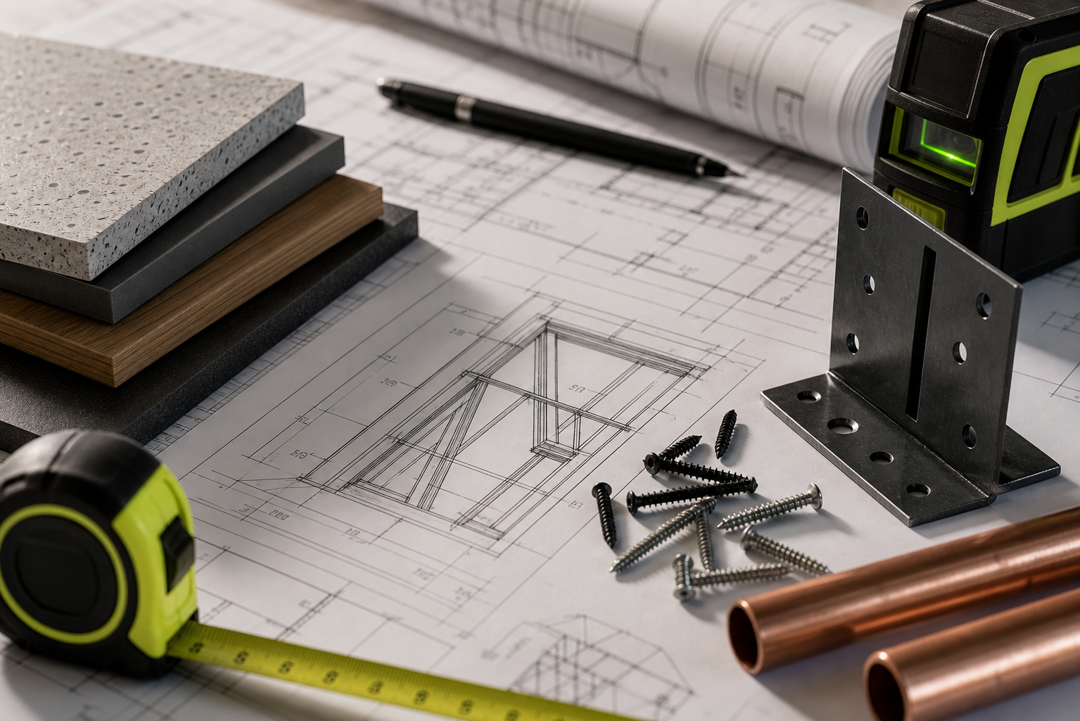 Construction drawings, tools and installation materials arranged for project planning