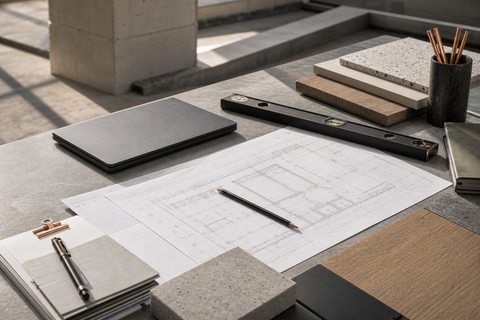 Construction process review table with notes, materials and measuring tools