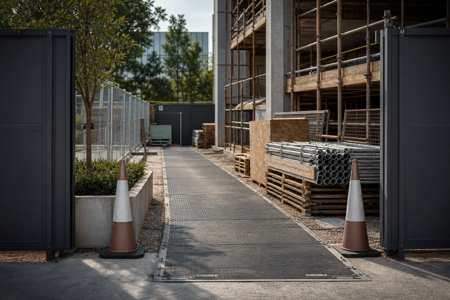 Site access route with staged construction materials